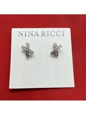 Nina Ricci Silver Crystal Cross-Accent Stud Earrings, NIP